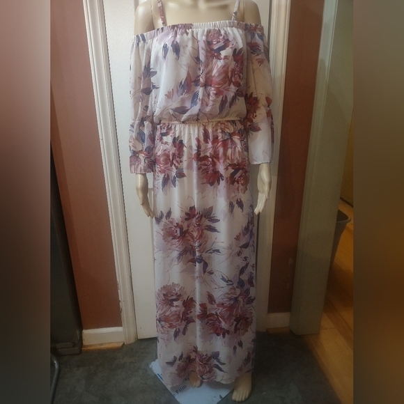 As u wish women's size medium long sleeve open shoulder dress floral southern - Picture 1 of 9